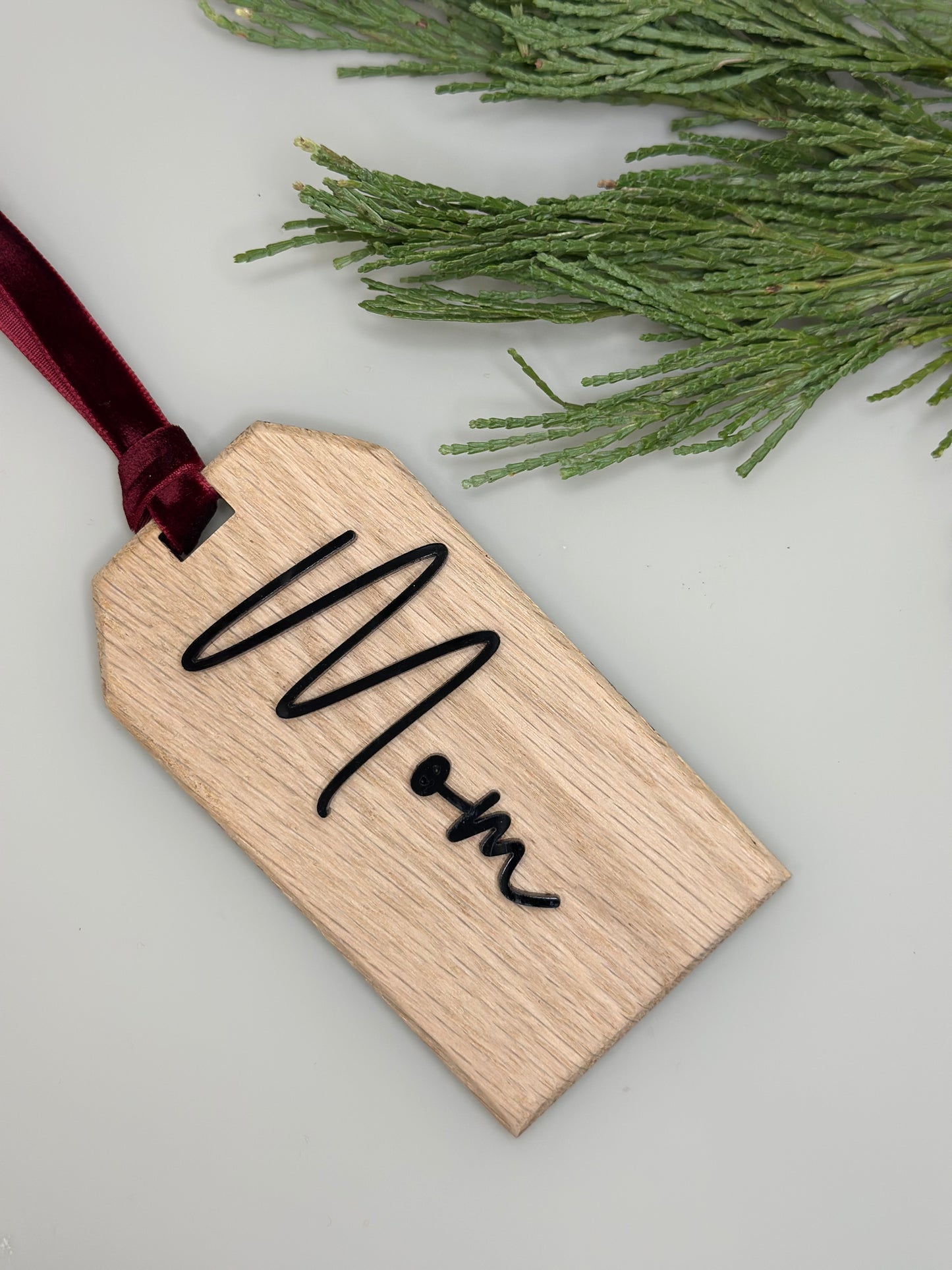 Personalized Oak Christmas Stocking Tags | Customizable White/Black Lettering | 2x4.5 Inch
