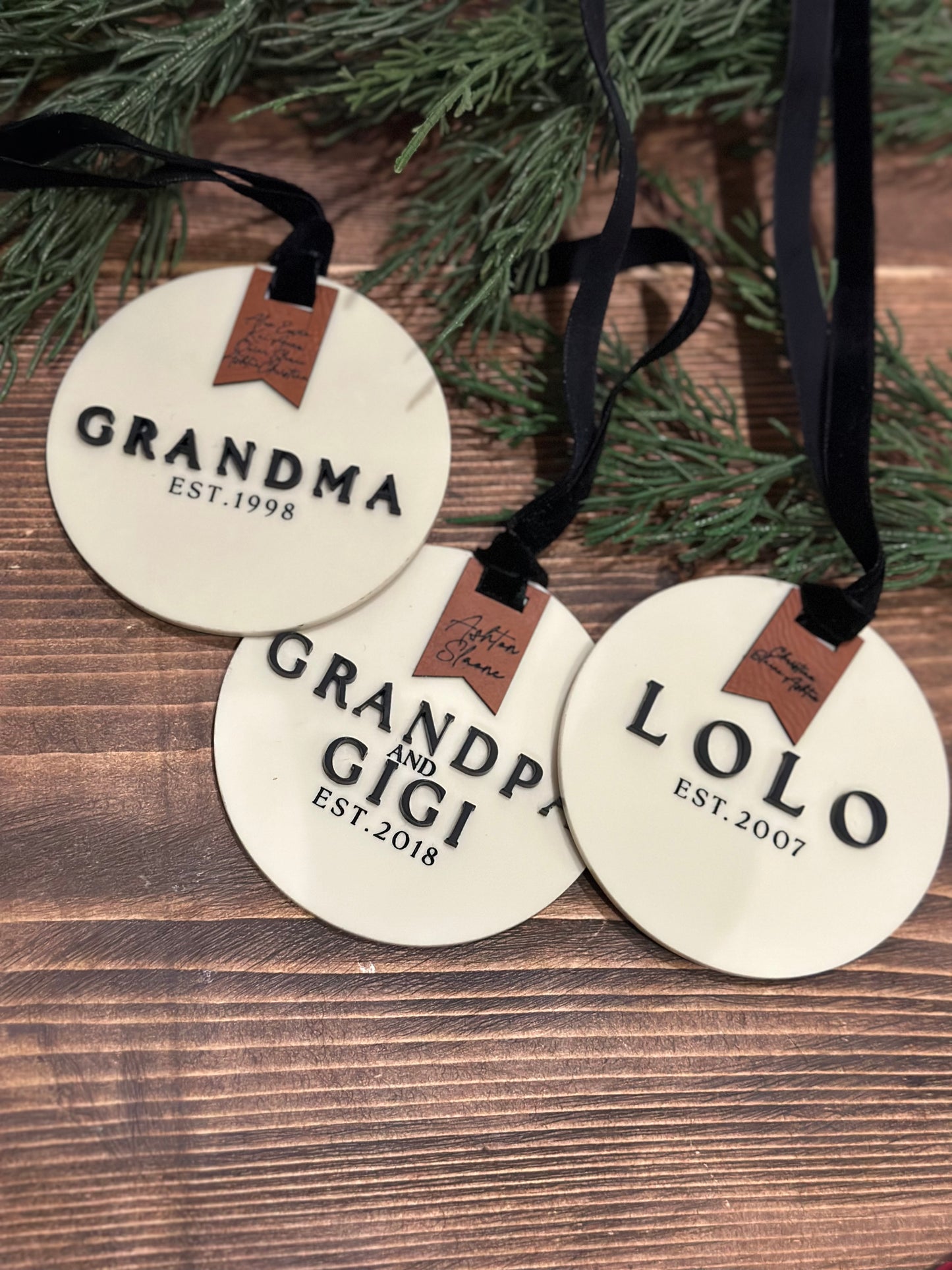 Personalized Ivory Acrylic Grandparent Ornament with Engraved Leather Tag & Grandkids' Names