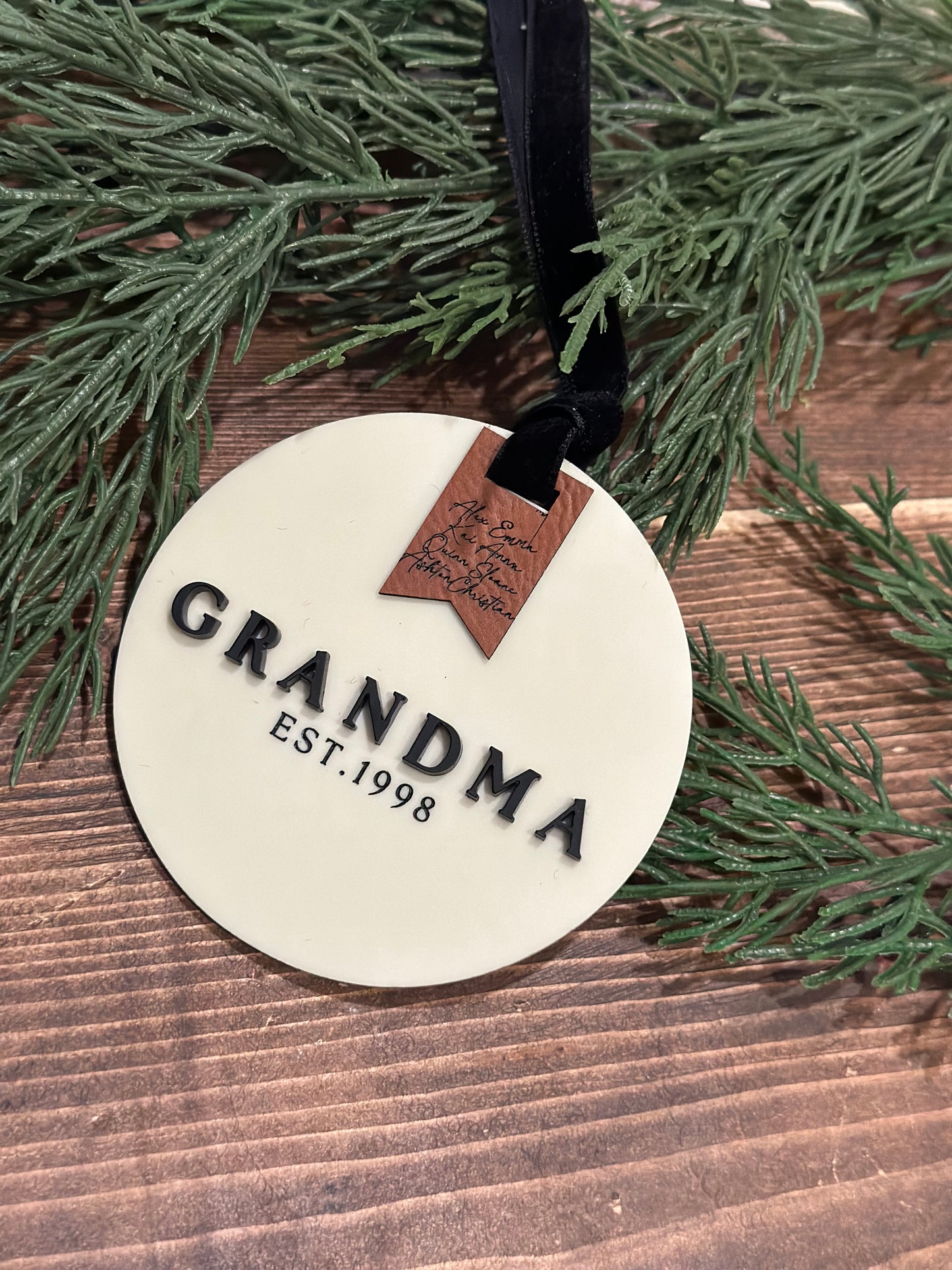 Personalized Ivory Acrylic Grandparent Ornament with Engraved Leather Tag & Grandkids' Names