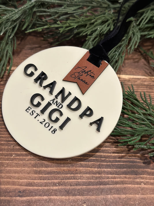 Personalized Ivory Acrylic Grandparent Ornament with Engraved Leather Tag & Grandkids' Names