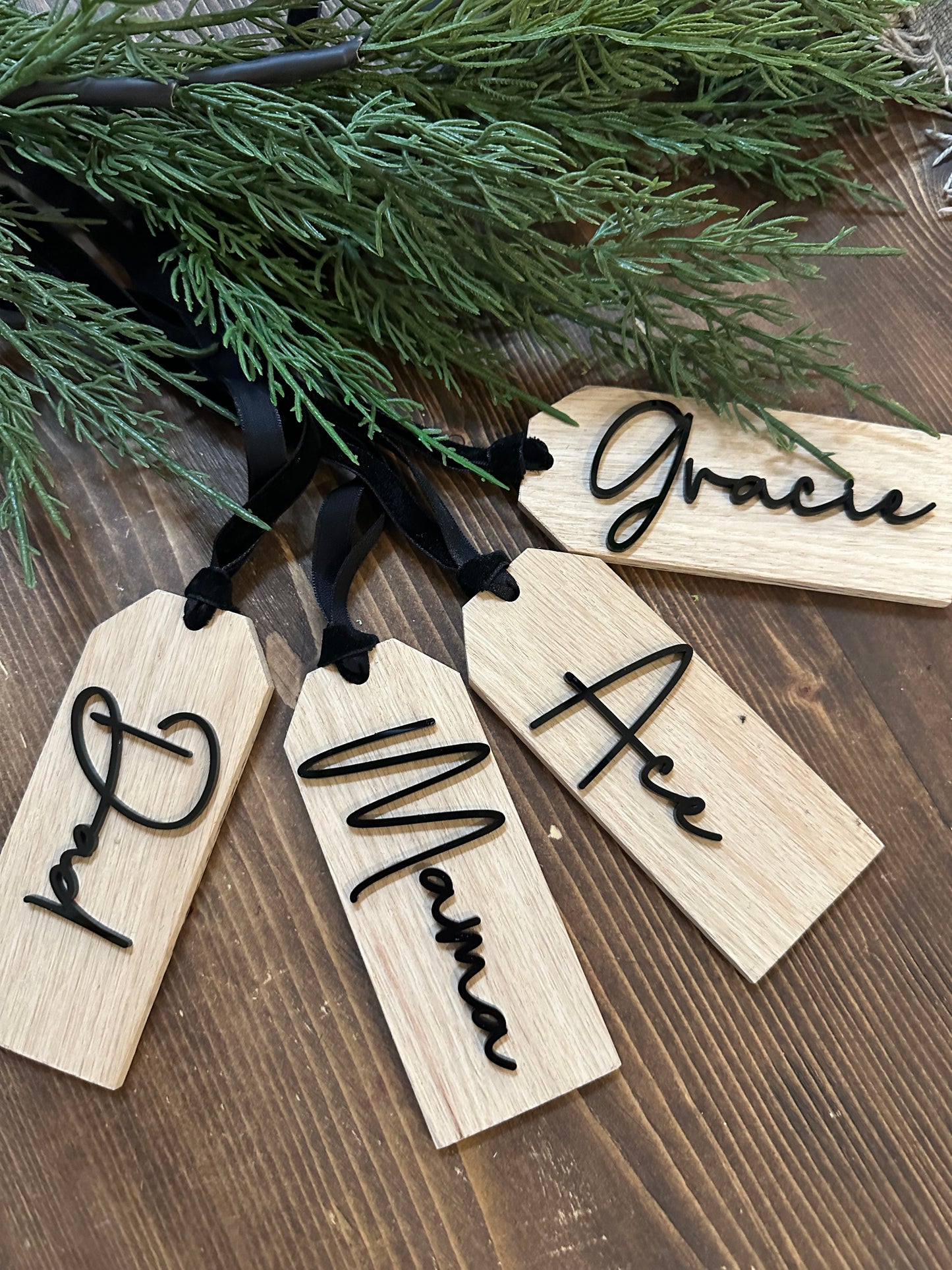 Personalized Oak Christmas Stocking Tags | Customizable White/Black Lettering | 2x4.5 Inch