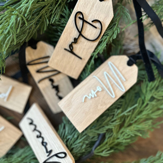 Personalized Oak Christmas Stocking Tags | Customizable White/Black Lettering | 2x4.5 Inch