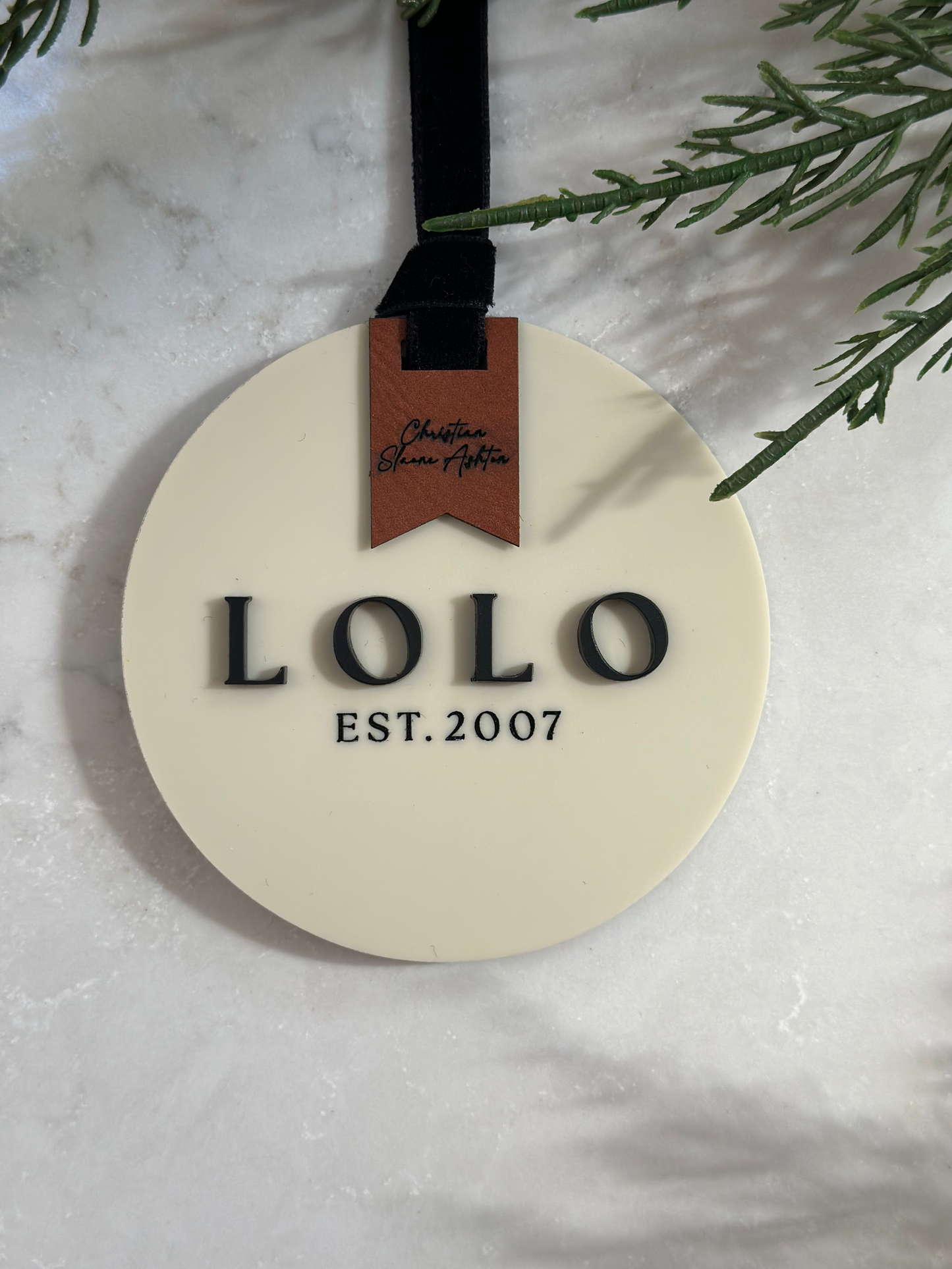 Personalized Ivory Acrylic Grandparent Ornament with Engraved Leather Tag & Grandkids' Names