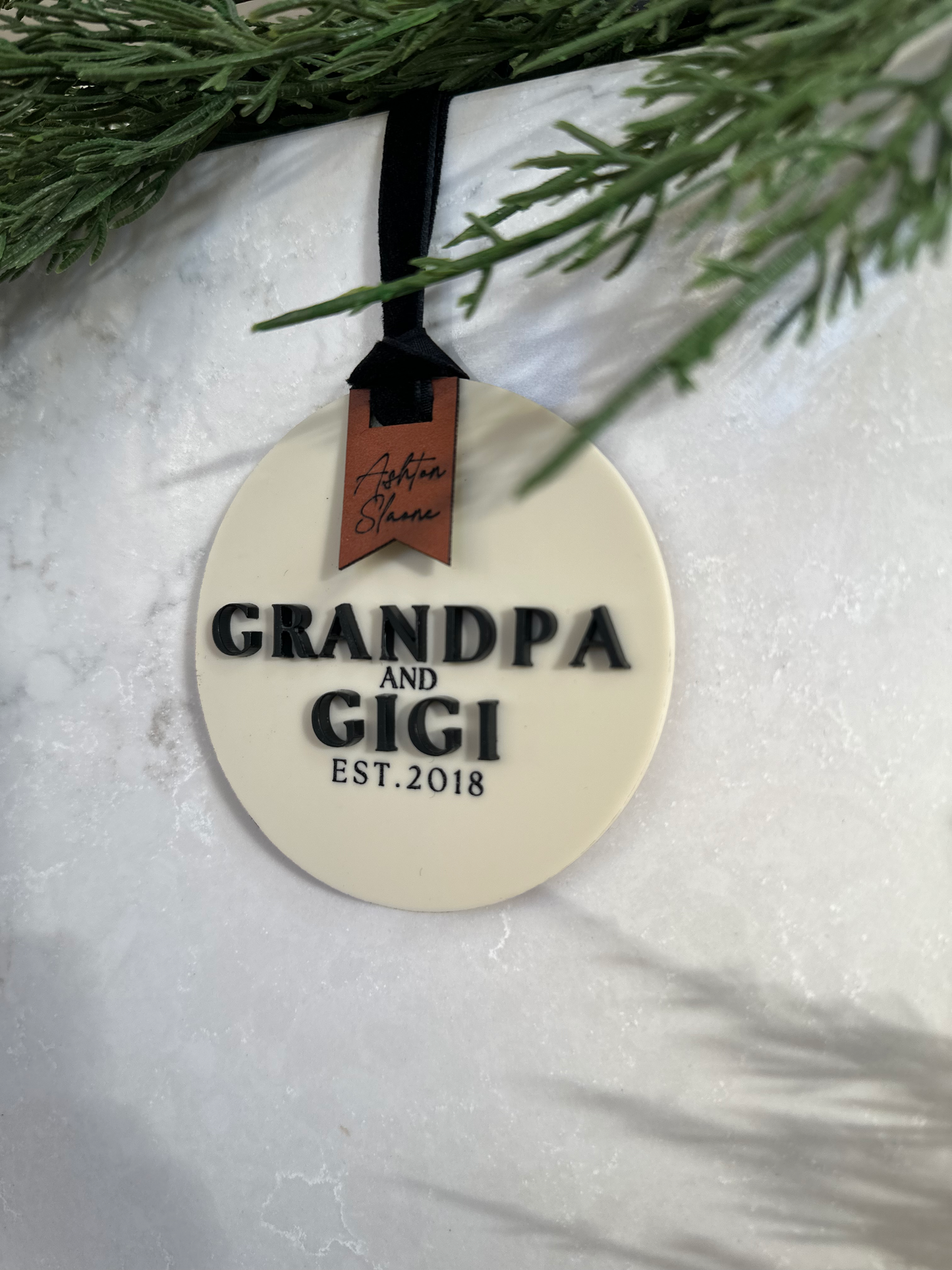 Personalized Ivory Acrylic Grandparent Ornament with Engraved Leather Tag & Grandkids' Names