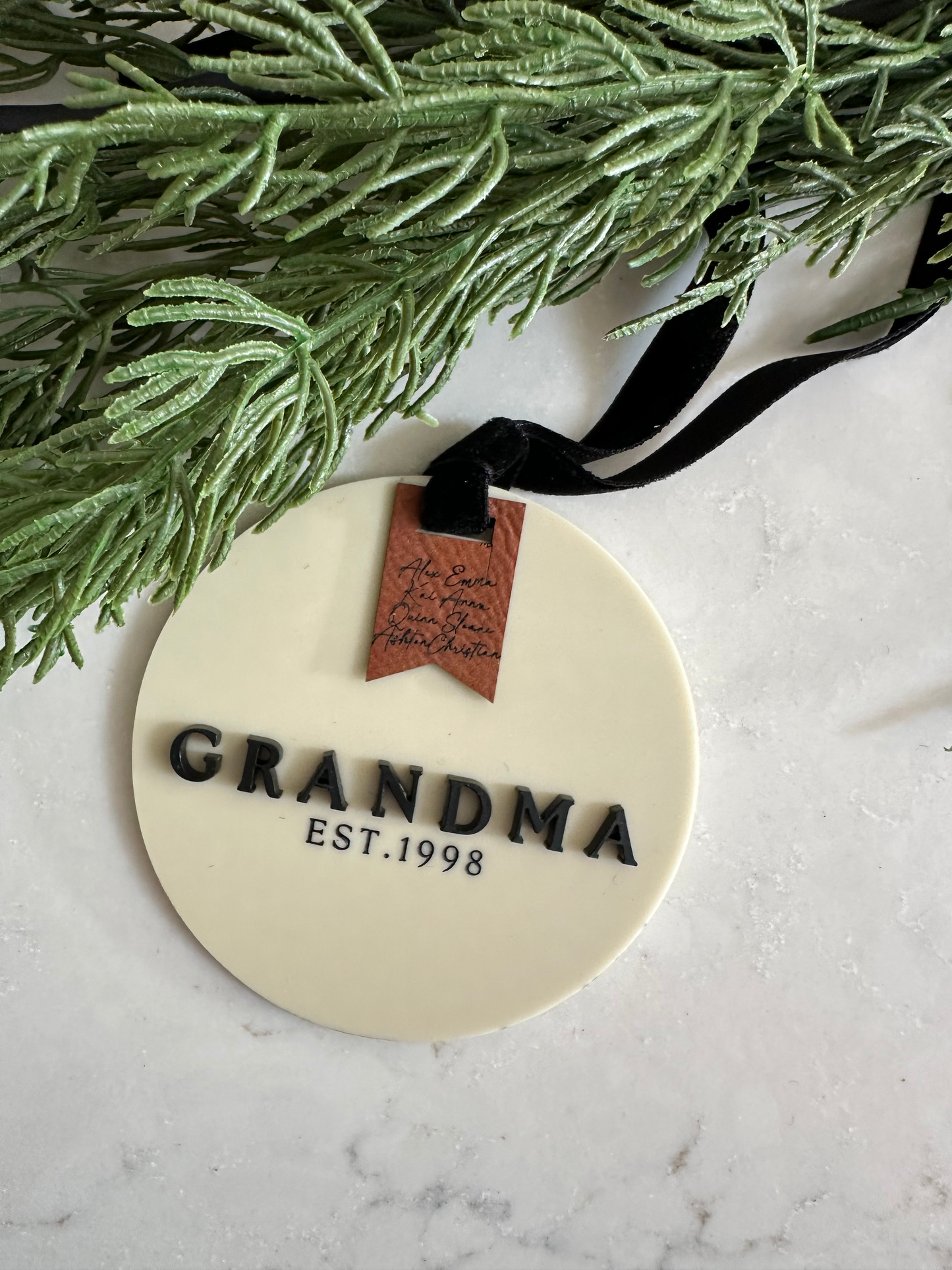 Personalized Ivory Acrylic Grandparent Ornament with Engraved Leather Tag & Grandkids' Names