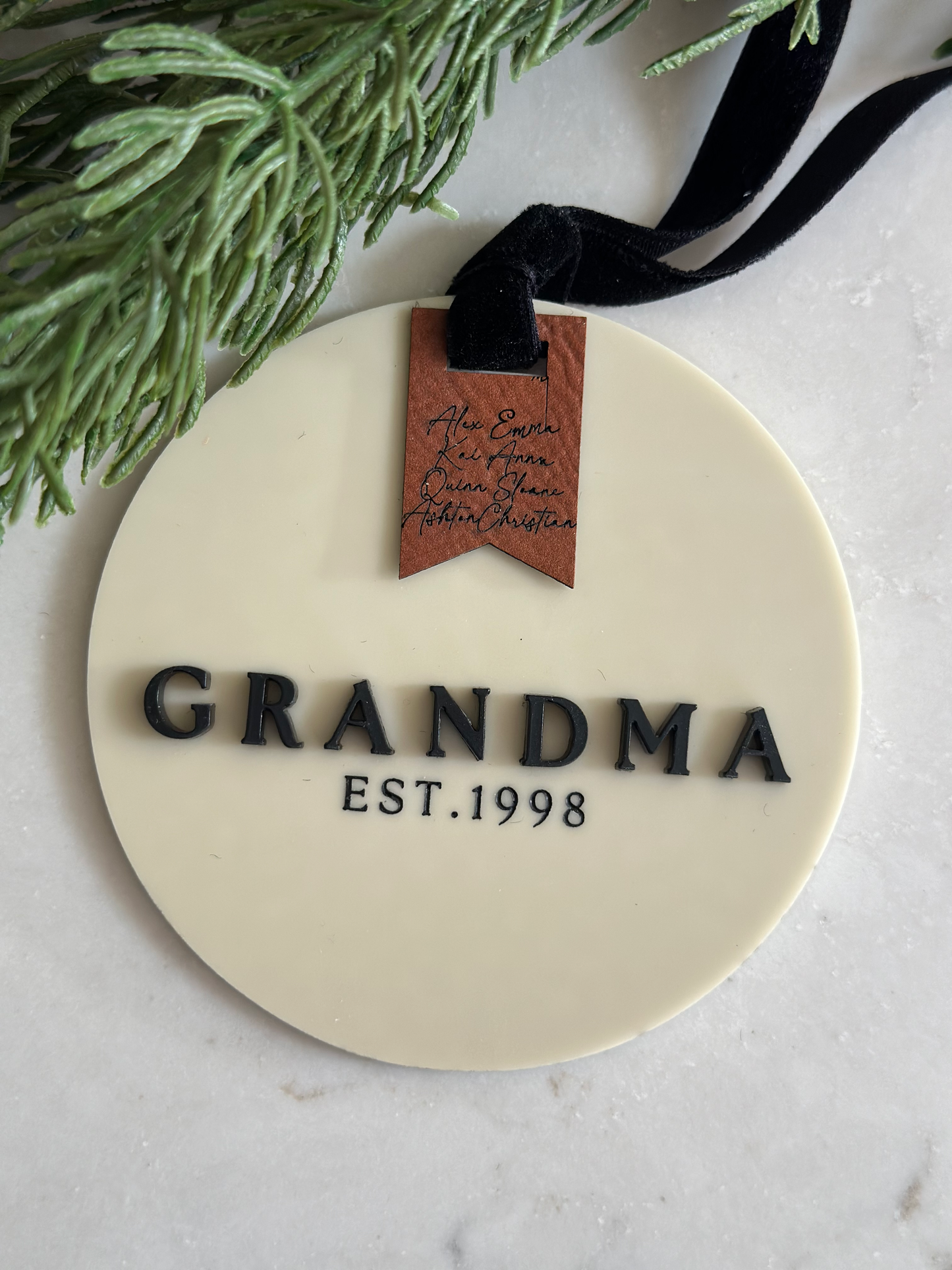 Personalized Ivory Acrylic Grandparent Ornament with Engraved Leather Tag & Grandkids' Names