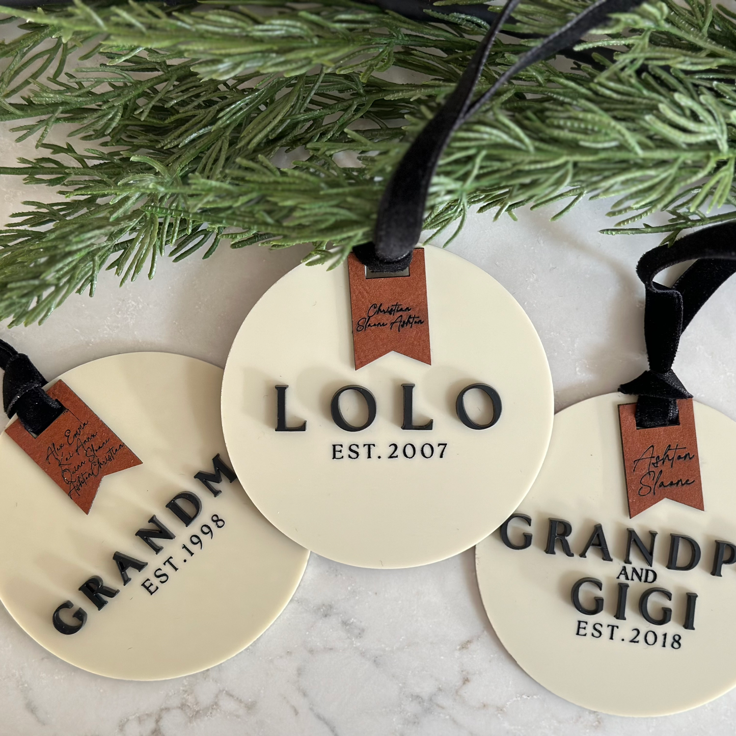 Personalized Ivory Acrylic Grandparent Ornament with Engraved Leather Tag & Grandkids' Names