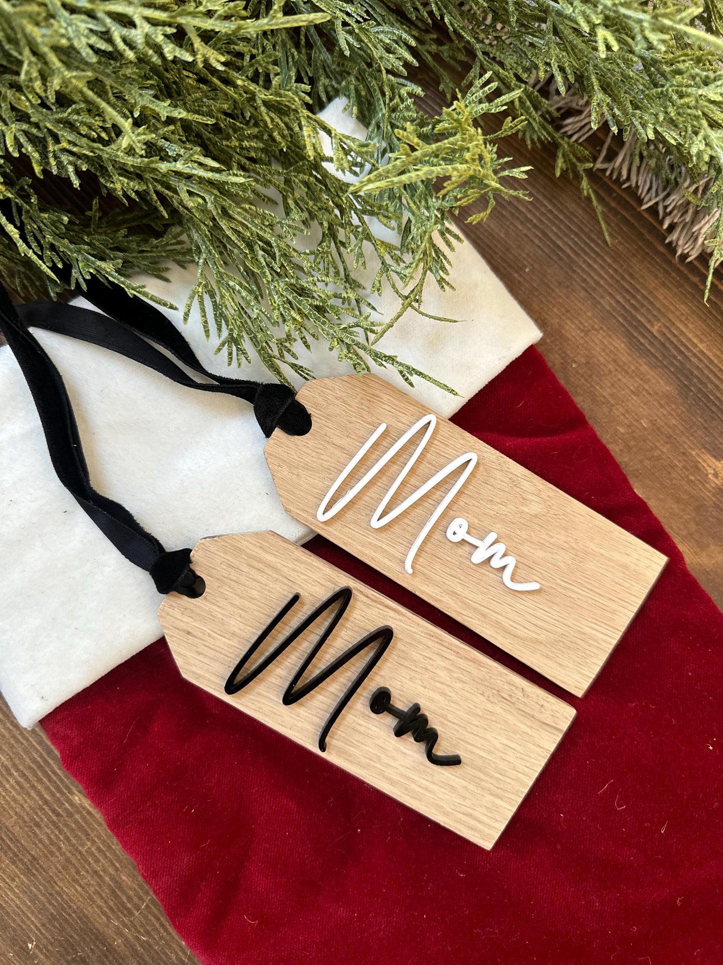 Personalized Oak Christmas Stocking Tags | Customizable White/Black Lettering | 2x4.5 Inch