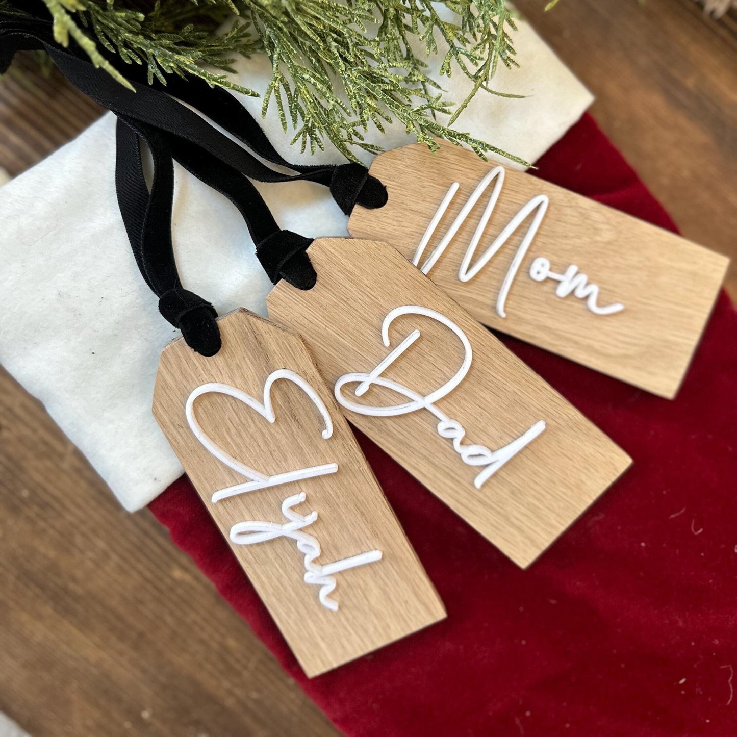 Personalized Oak Christmas Stocking Tags | Customizable White/Black Lettering | 2x4.5 Inch